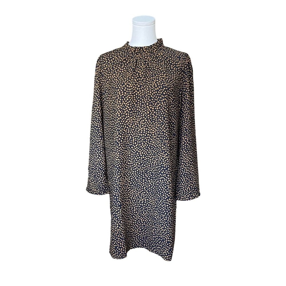 J Crew Factory Ruffleneck Shift Dress 12 NWT Polka Dot Black Lagenlook Preppy